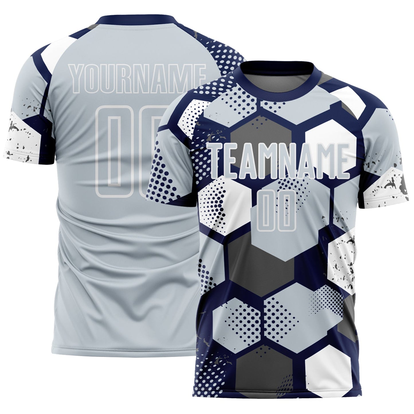 Custom Navy Silver-White Geometric Shape Sublimation Soccer Uniform Jersey - Main View