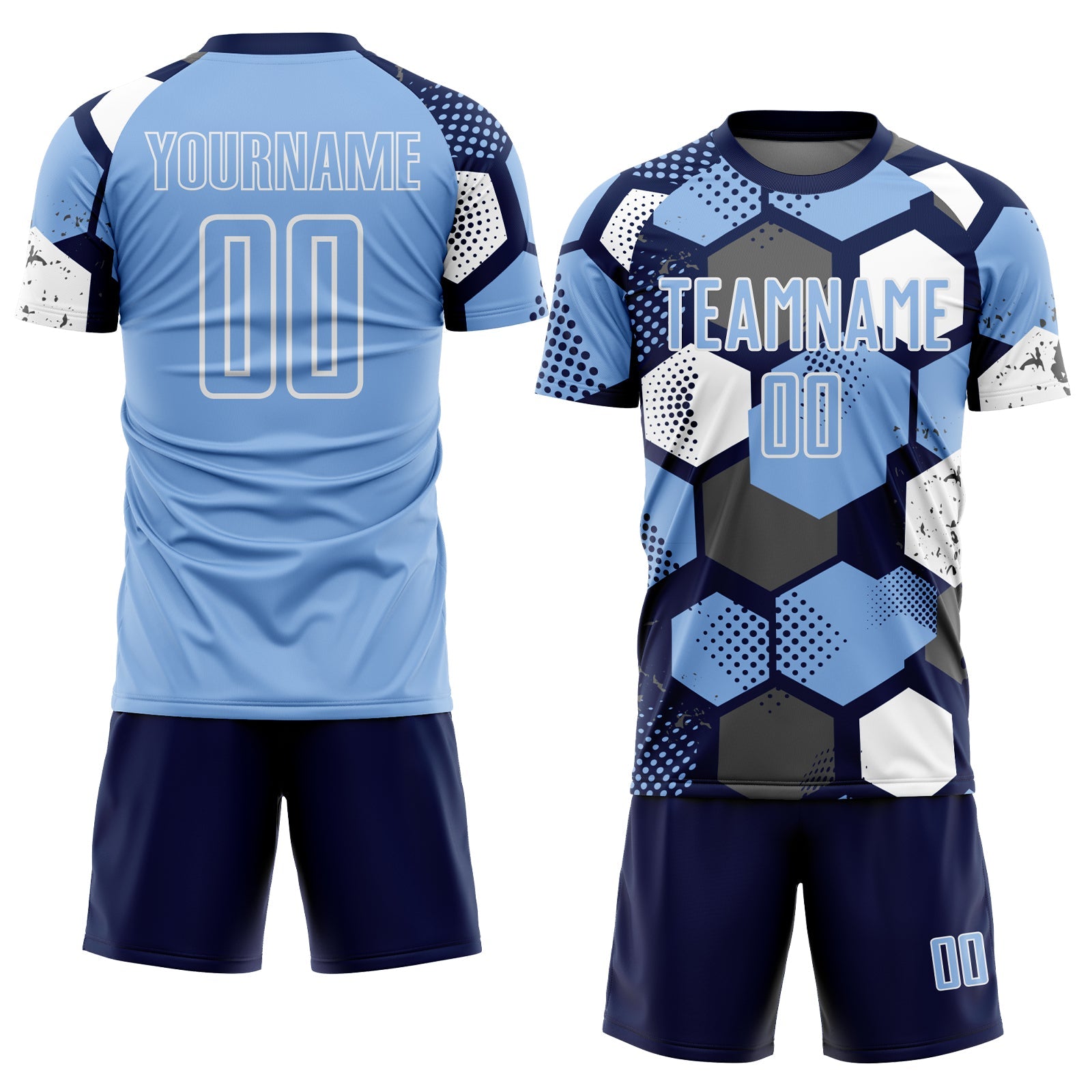 Custom Navy Light Blue-White Geometric Shape Sublimation Soccer Uniform Jersey view 2