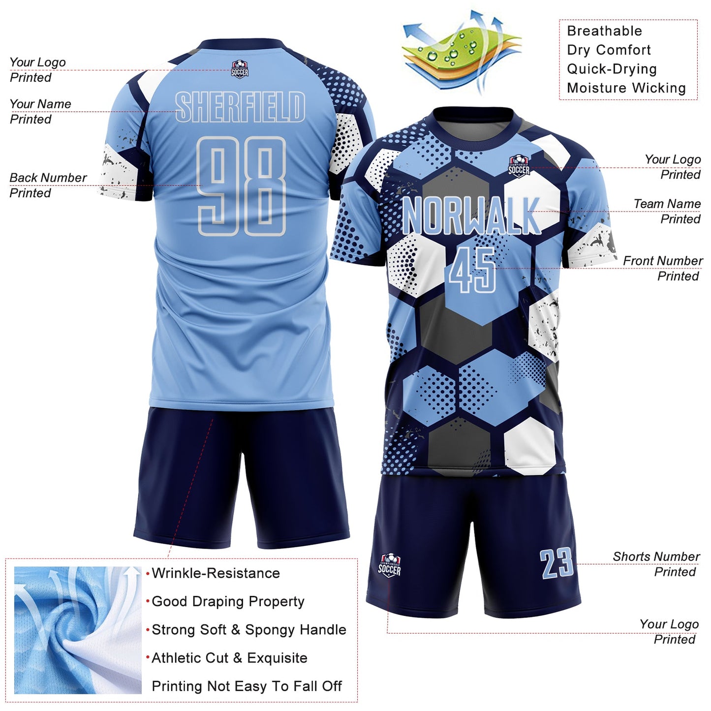 Custom Navy Light Blue-White Geometric Shape Sublimation Soccer Uniform Jersey view 4