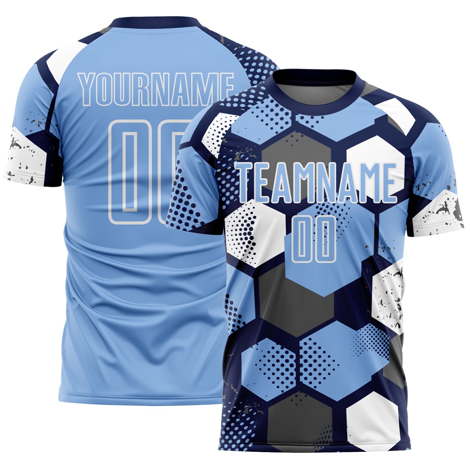 Custom Navy Light Blue-White Geometric Shape Sublimation Soccer Uniform Jersey - Main View