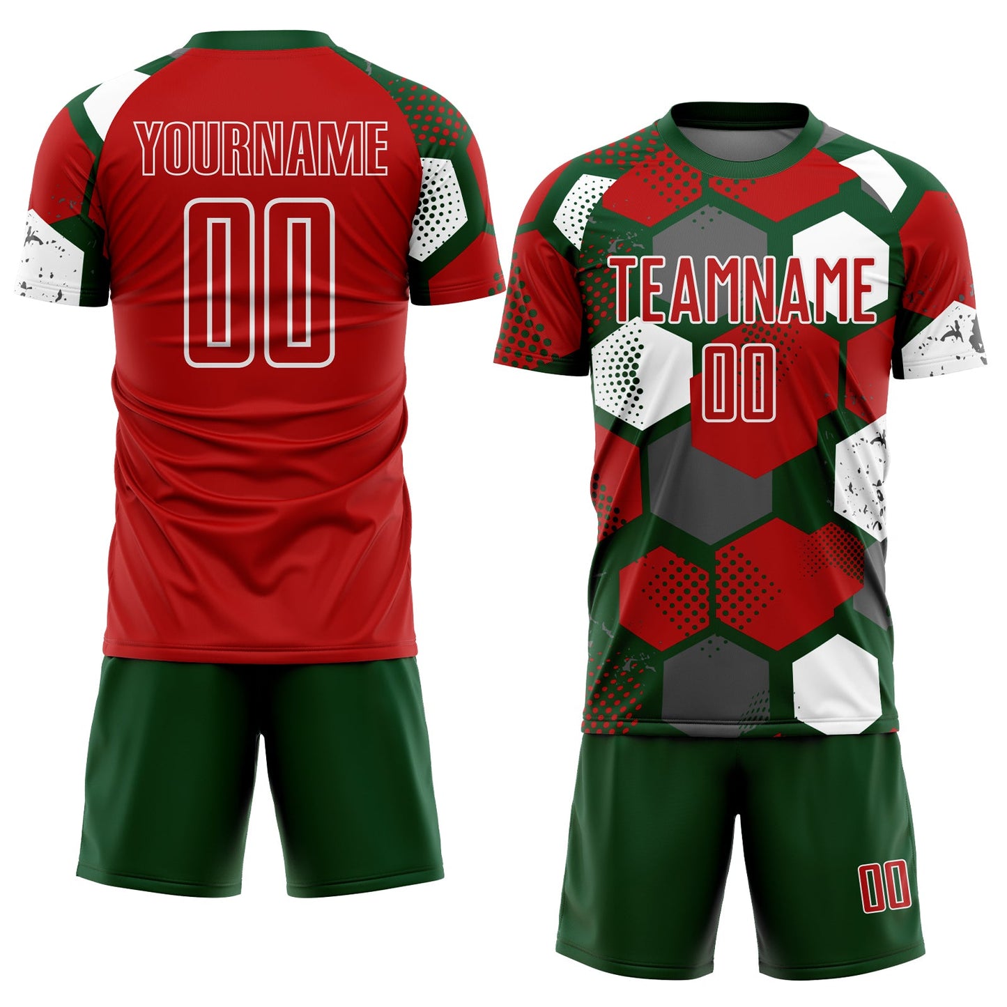 Custom Green Red-White Geometric Shape Sublimation Soccer Uniform Jersey view 2