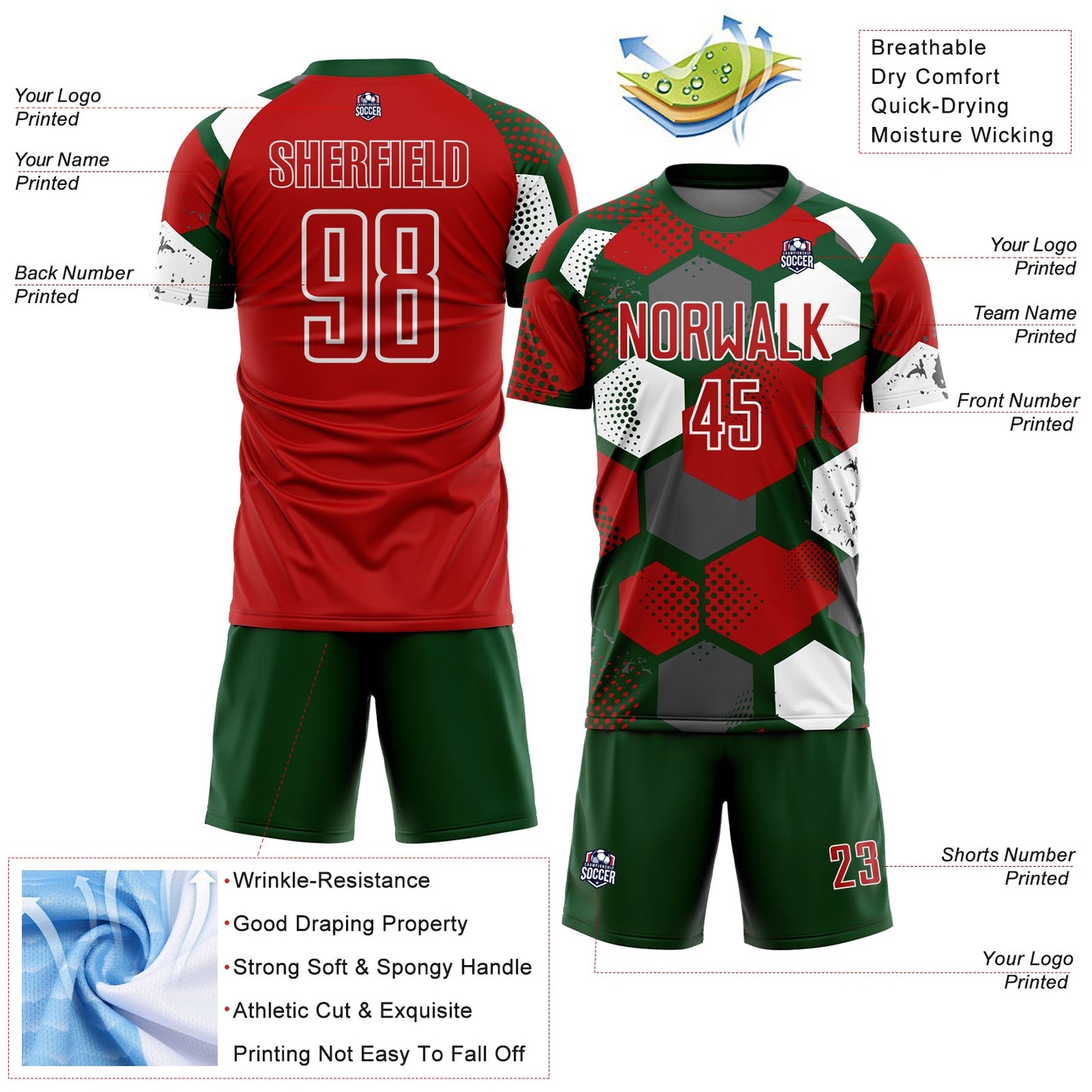 Custom Green Red-White Geometric Shape Sublimation Soccer Uniform Jersey view 4