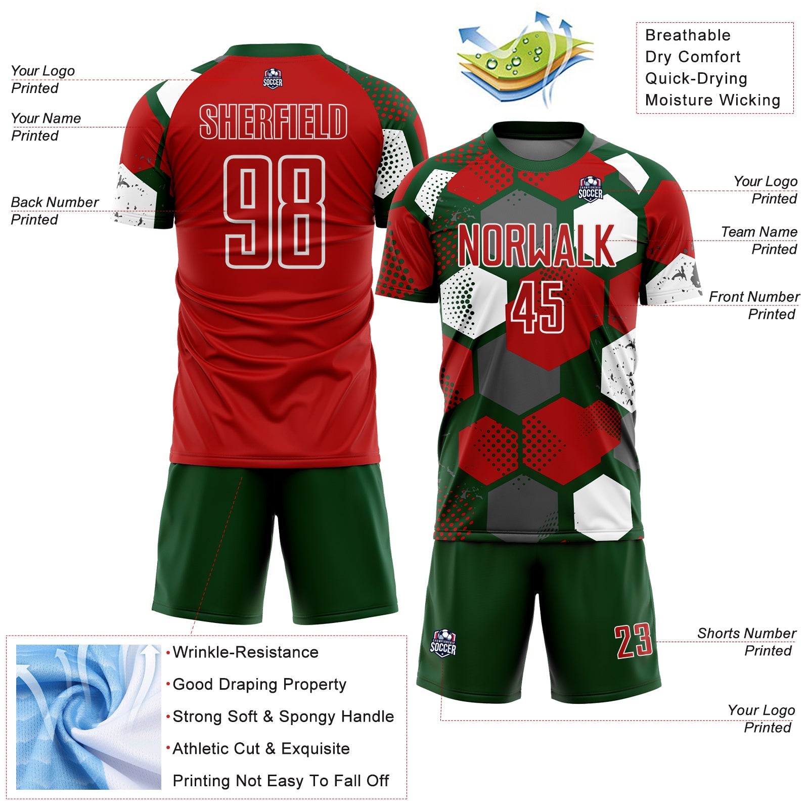 Custom Green Red-White Geometric Shape Sublimation Soccer Uniform Jersey view 4