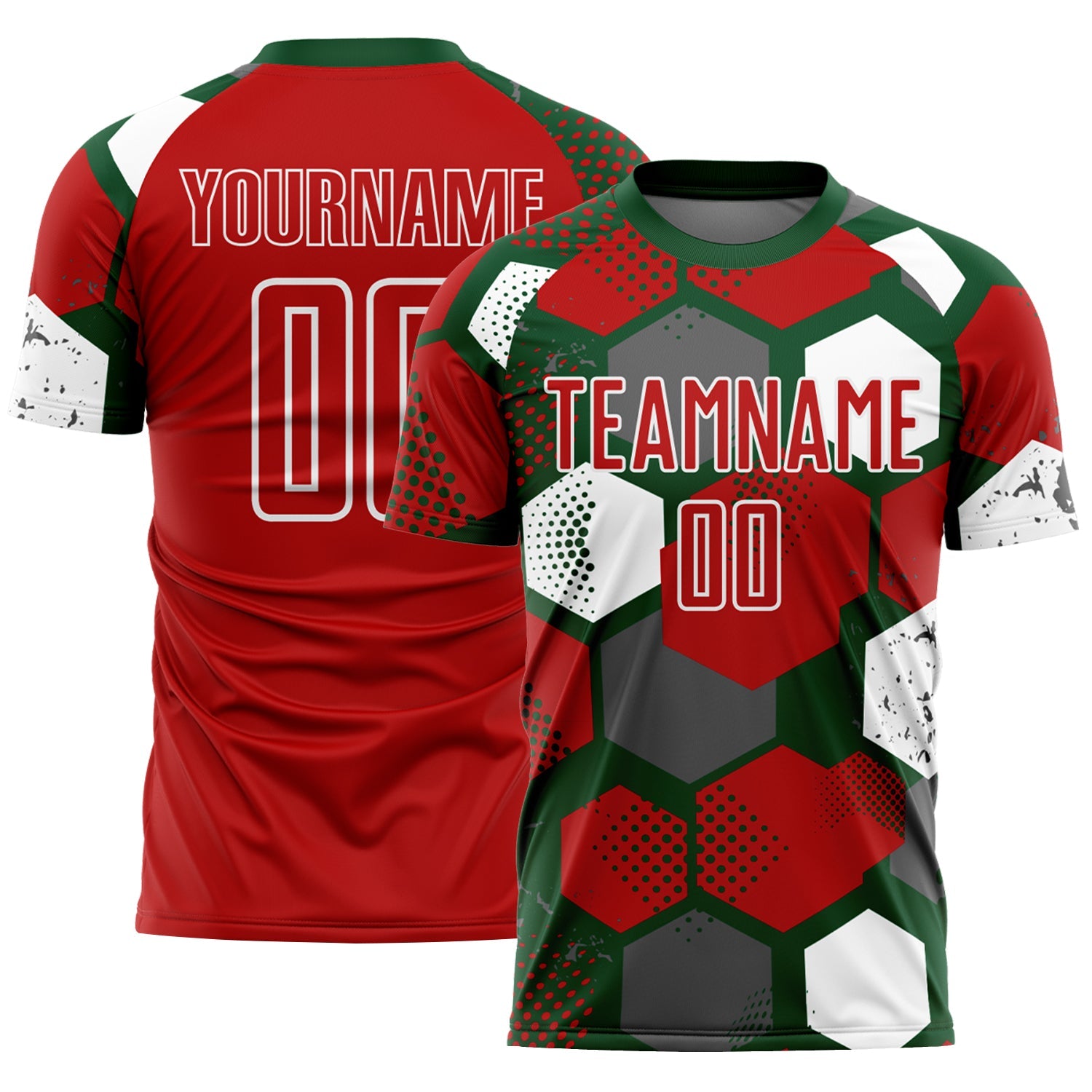 Custom Green Red-White Geometric Shape Sublimation Soccer Uniform Jersey - Main View