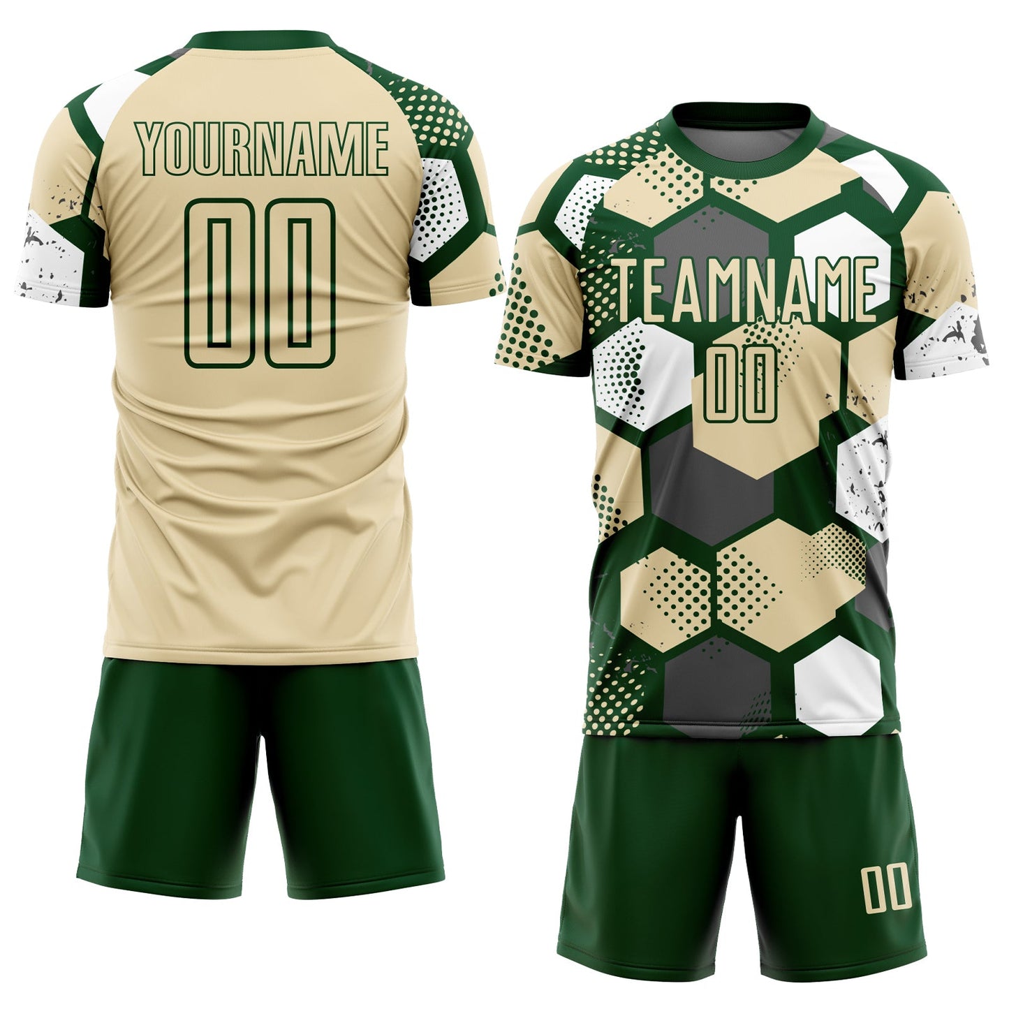 Custom Green Cream-White Geometric Shape Sublimation Soccer Uniform Jersey view 2