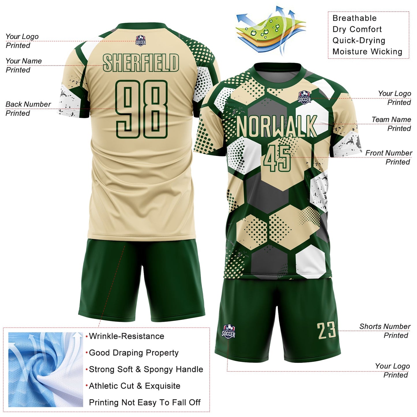 Custom Green Cream-White Geometric Shape Sublimation Soccer Uniform Jersey view 4