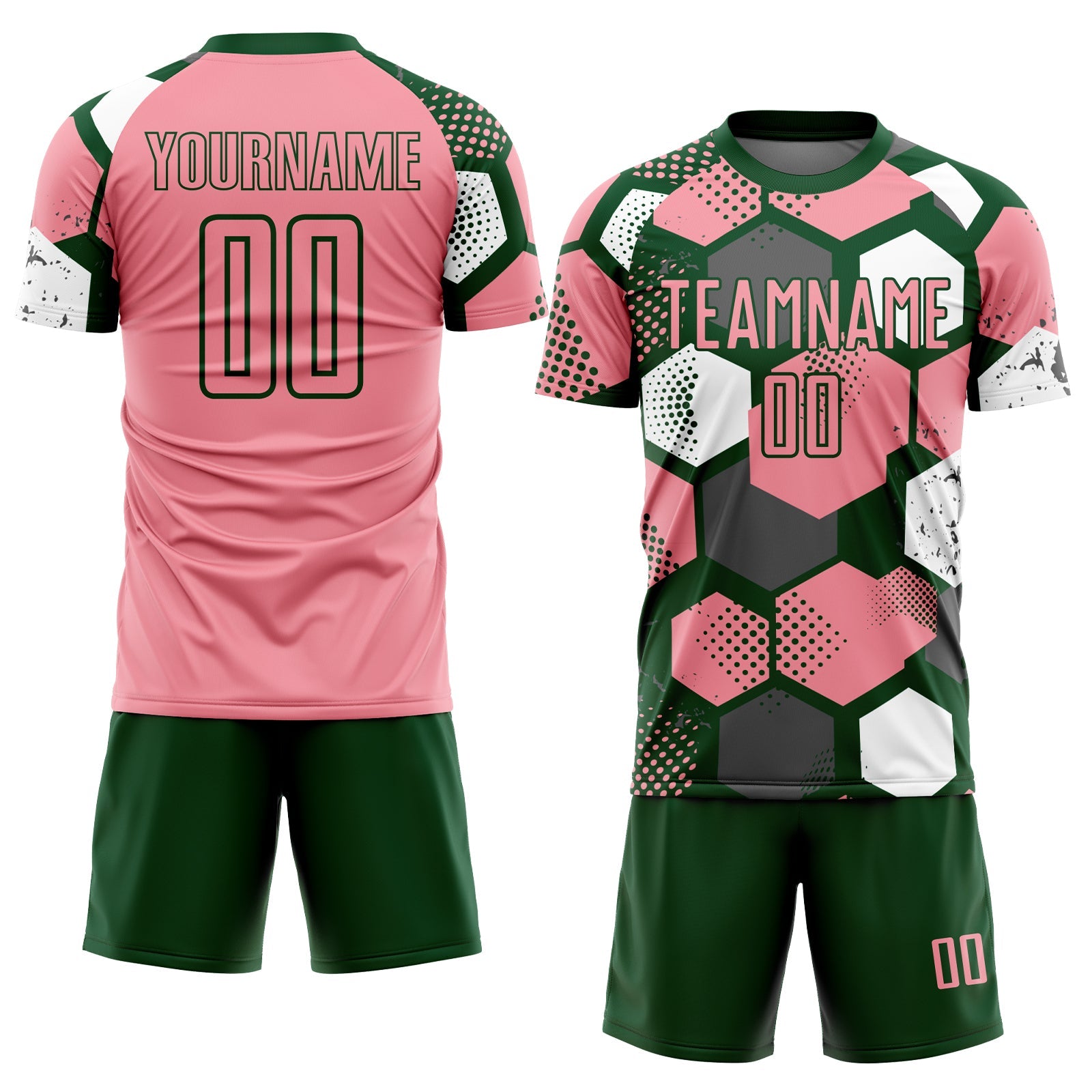 Custom Green Medium Pink-White Geometric Shape Sublimation Soccer Uniform Jersey view 2