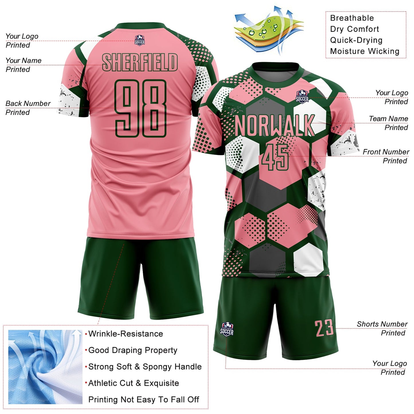Custom Green Medium Pink-White Geometric Shape Sublimation Soccer Uniform Jersey view 4