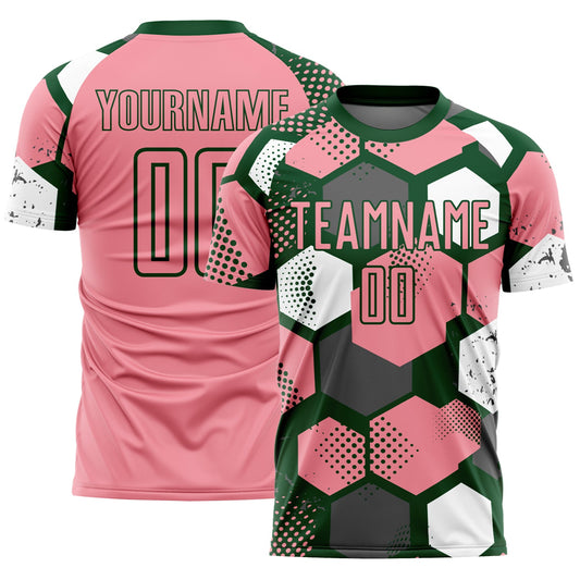 Custom Green Medium Pink-White Geometric Shape Sublimation Soccer Uniform Jersey - Main View