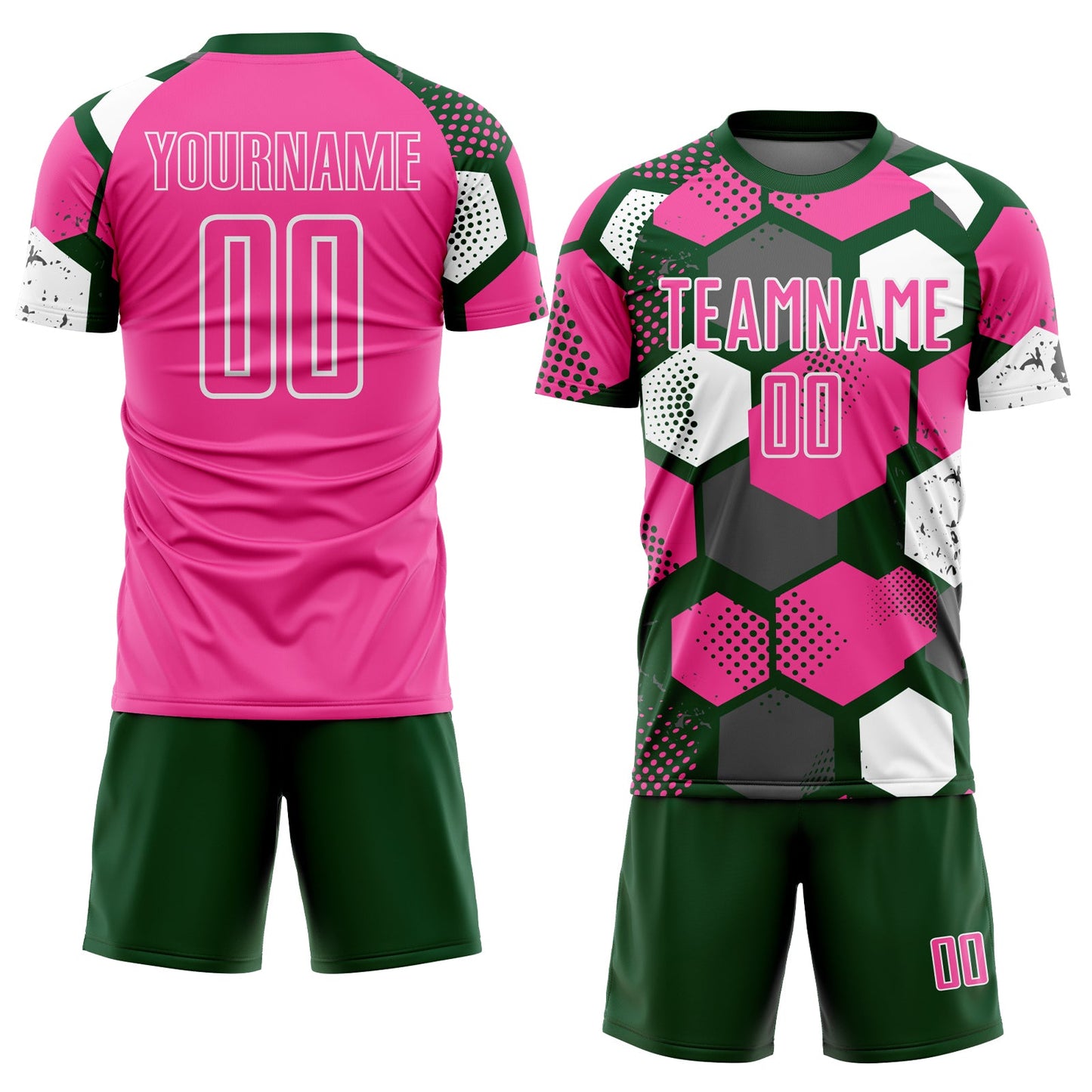 Custom Green Pink-White Geometric Shape Sublimation Soccer Uniform Jersey view 2