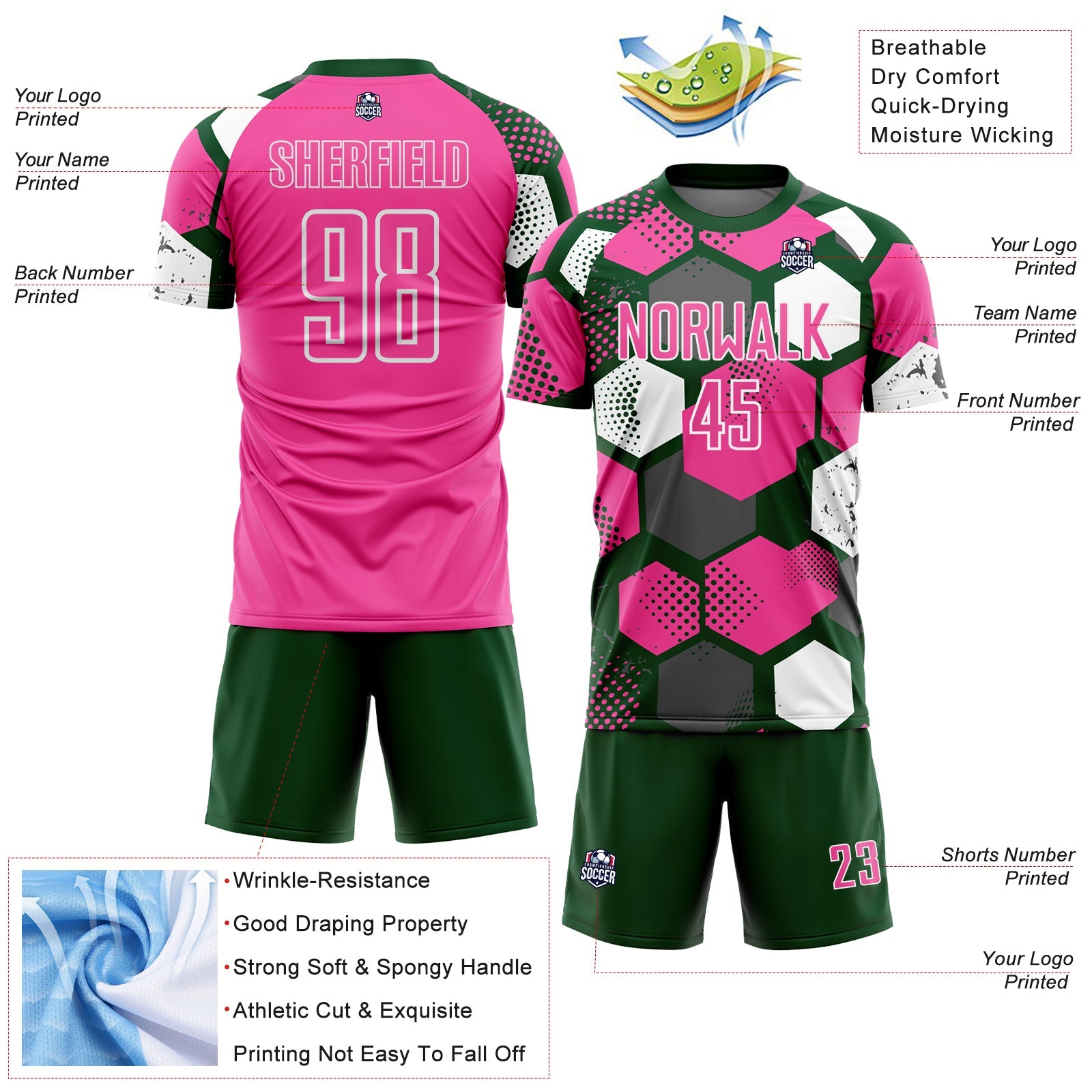 Custom Green Pink-White Geometric Shape Sublimation Soccer Uniform Jersey view 4