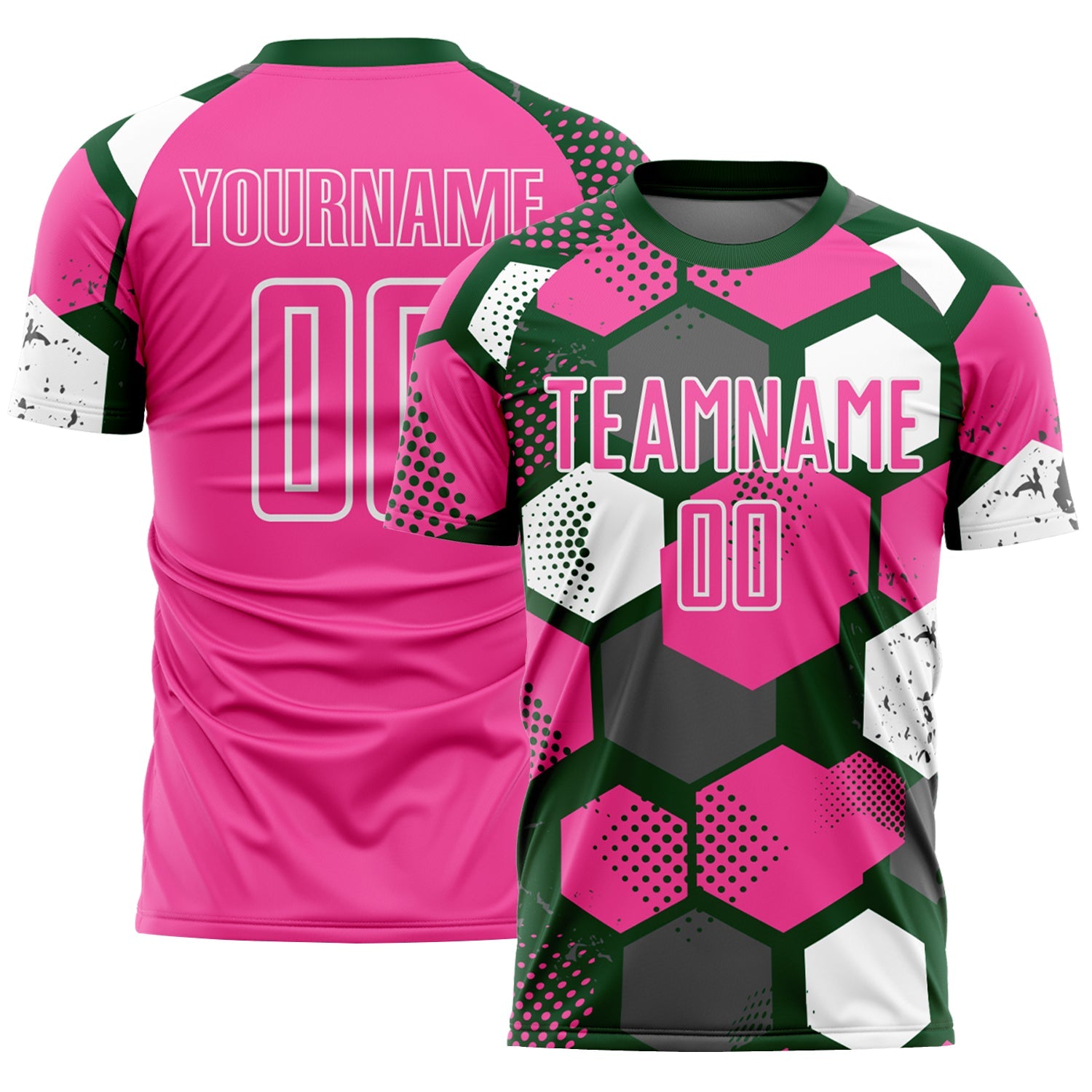 Custom Green Pink-White Geometric Shape Sublimation Soccer Uniform Jersey - Main View