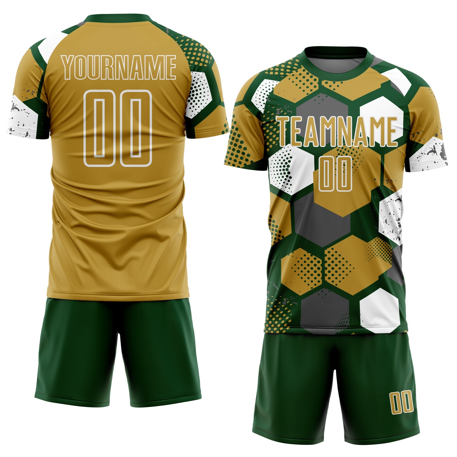 Custom Green Old Gold-White Geometric Shape Sublimation Soccer Uniform Jersey view 2