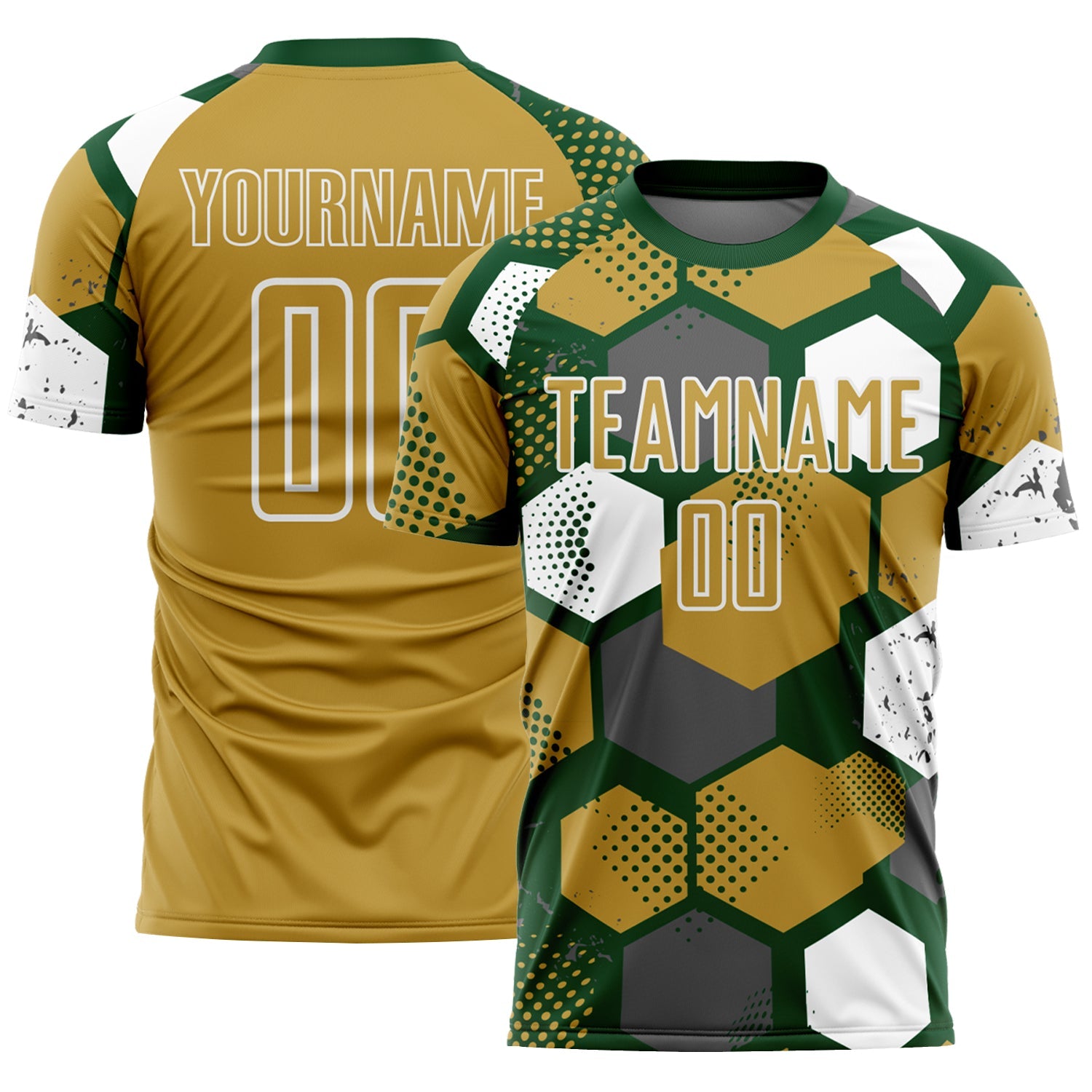 Custom Green Old Gold-White Geometric Shape Sublimation Soccer Uniform Jersey - Main View