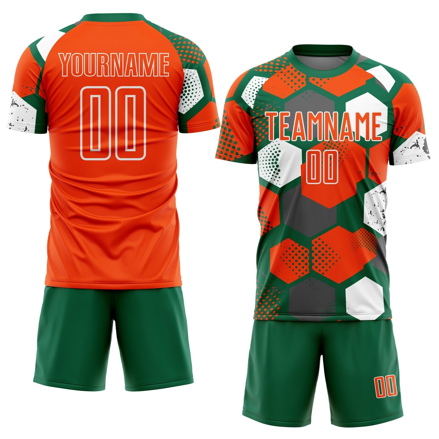 Custom Kelly Green Orange-White Geometric Shape Sublimation Soccer Uniform Jersey view 2