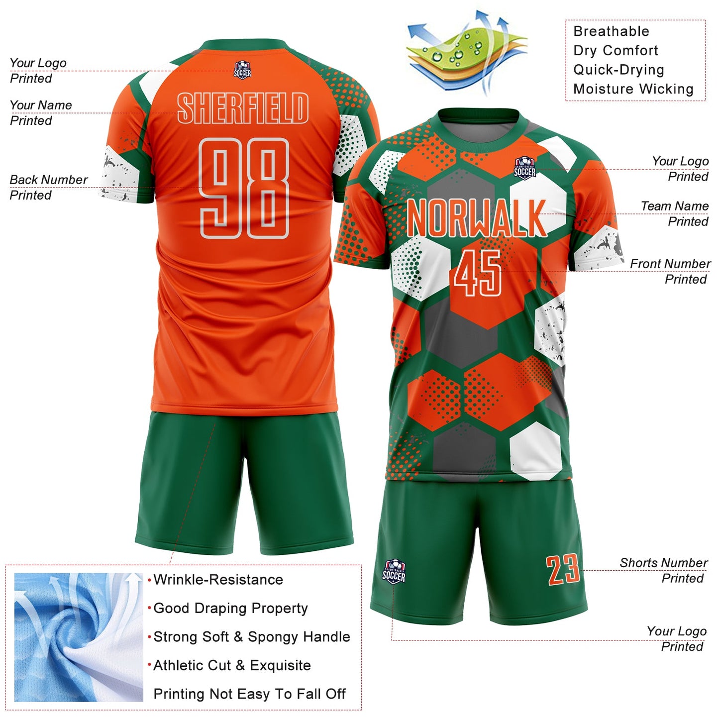 Custom Kelly Green Orange-White Geometric Shape Sublimation Soccer Uniform Jersey view 4