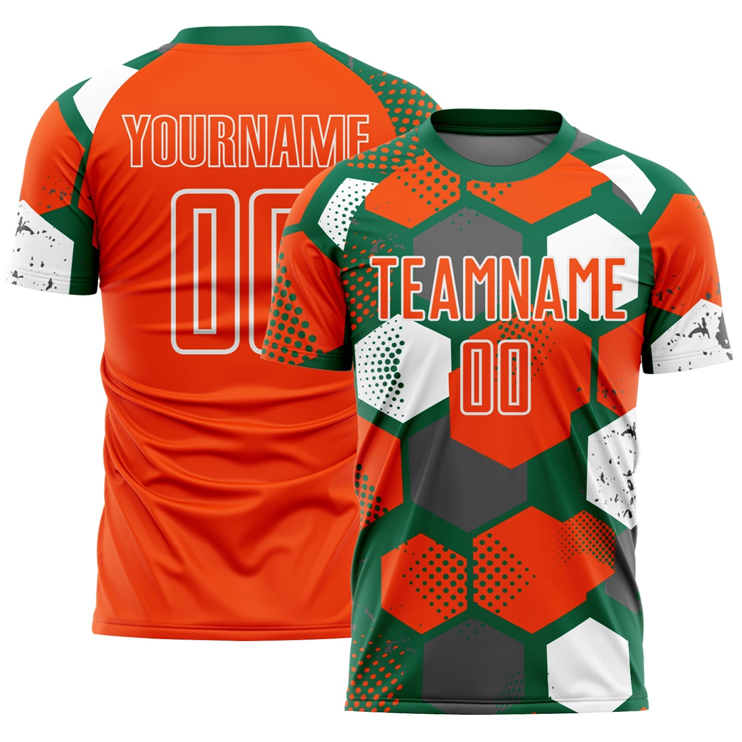 Custom Kelly Green Orange-White Geometric Shape Sublimation Soccer Uniform Jersey - Main View