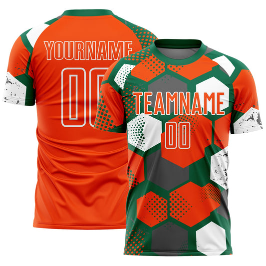 Custom Kelly Green Orange-White Geometric Shape Sublimation Soccer Uniform Jersey - Main View
