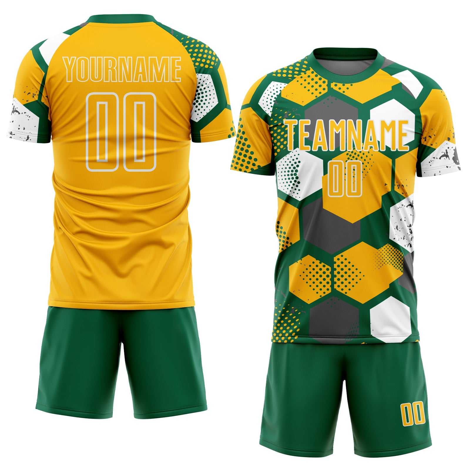 Custom Kelly Green Gold-White Geometric Shape Sublimation Soccer Uniform Jersey view 2
