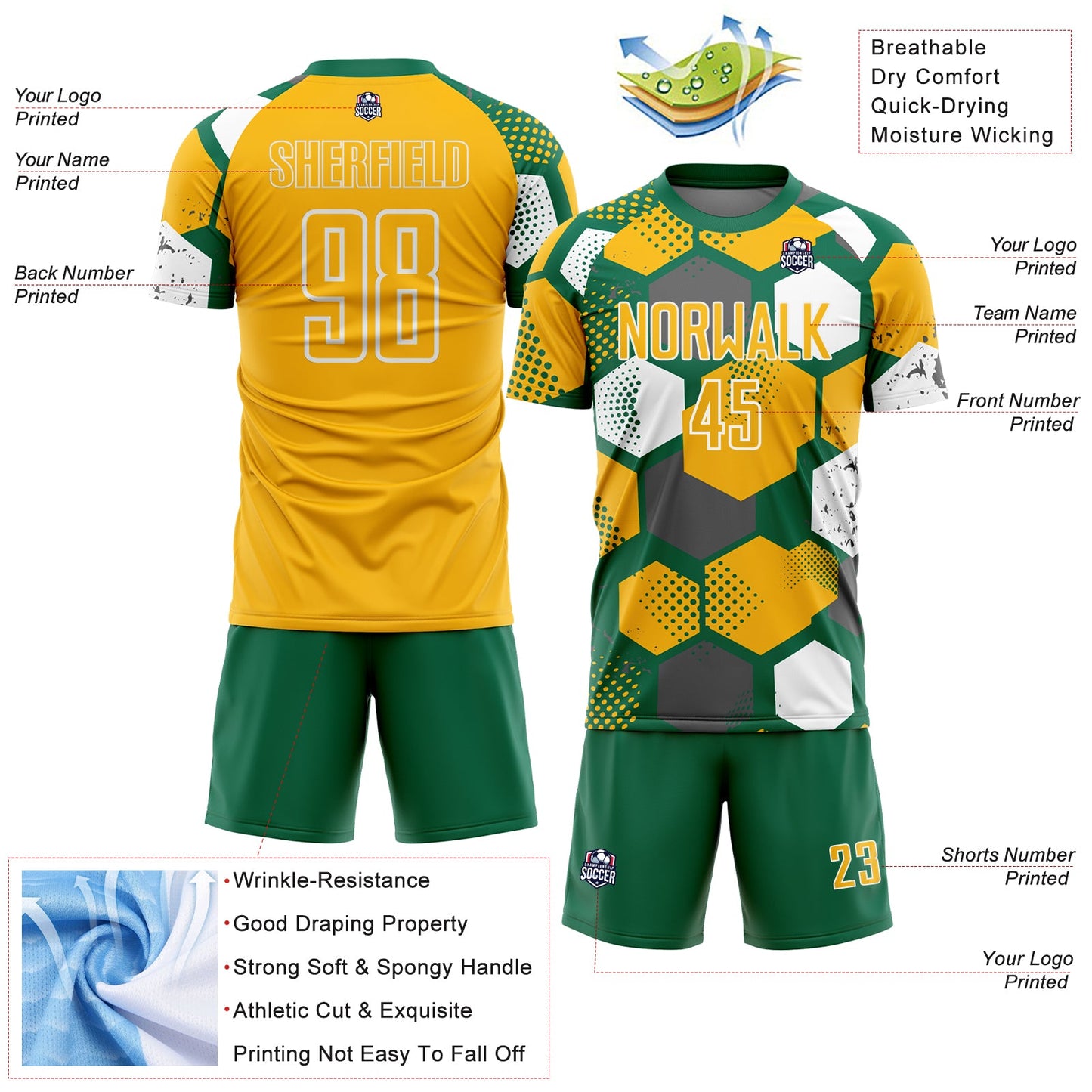 Custom Kelly Green Gold-White Geometric Shape Sublimation Soccer Uniform Jersey view 4