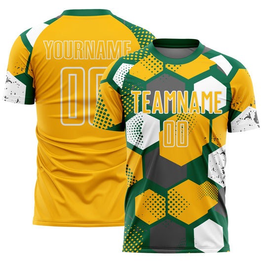 Custom Kelly Green Gold-White Geometric Shape Sublimation Soccer Uniform Jersey - Main View