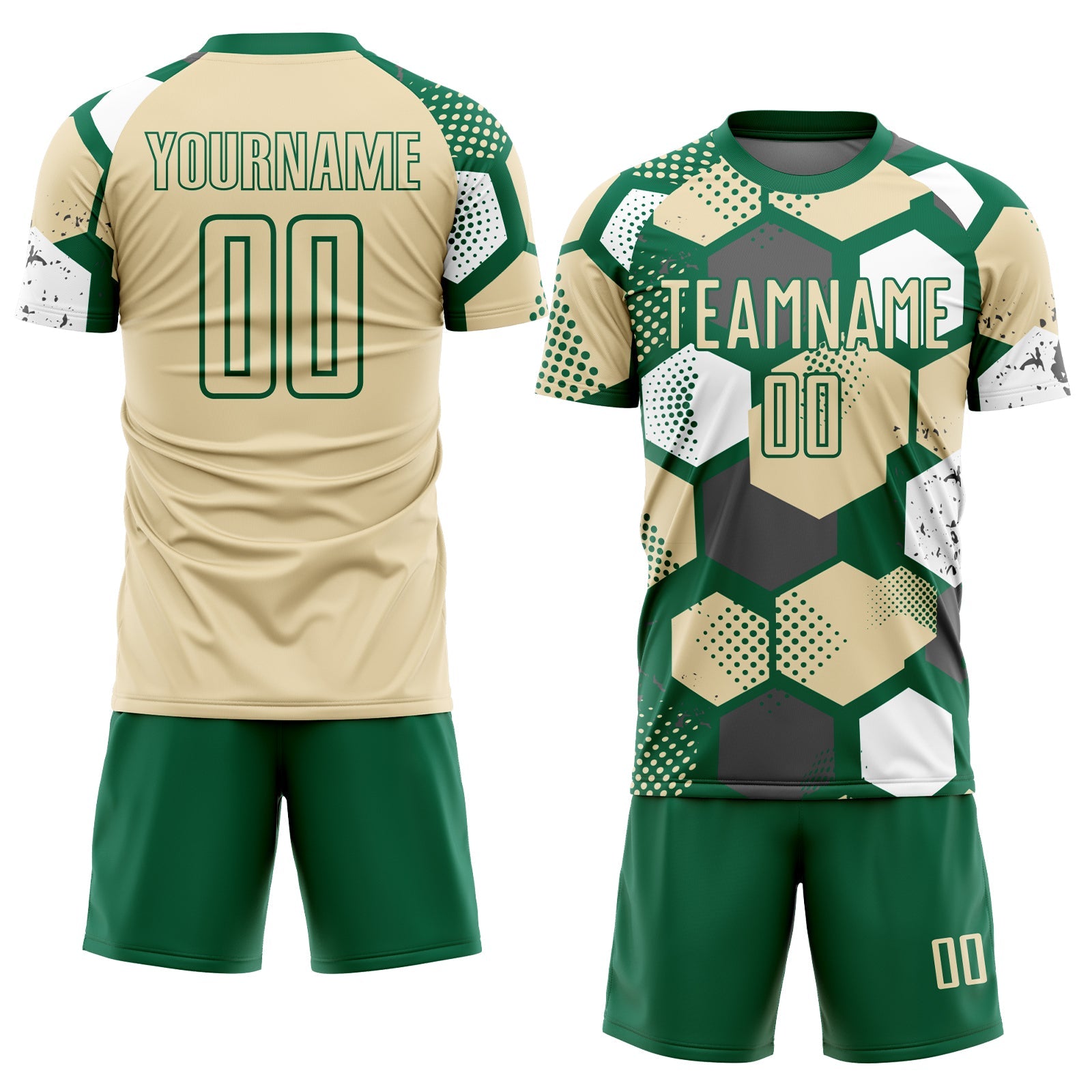 Custom Kelly Green Cream-White Geometric Shape Sublimation Soccer Uniform Jersey view 2