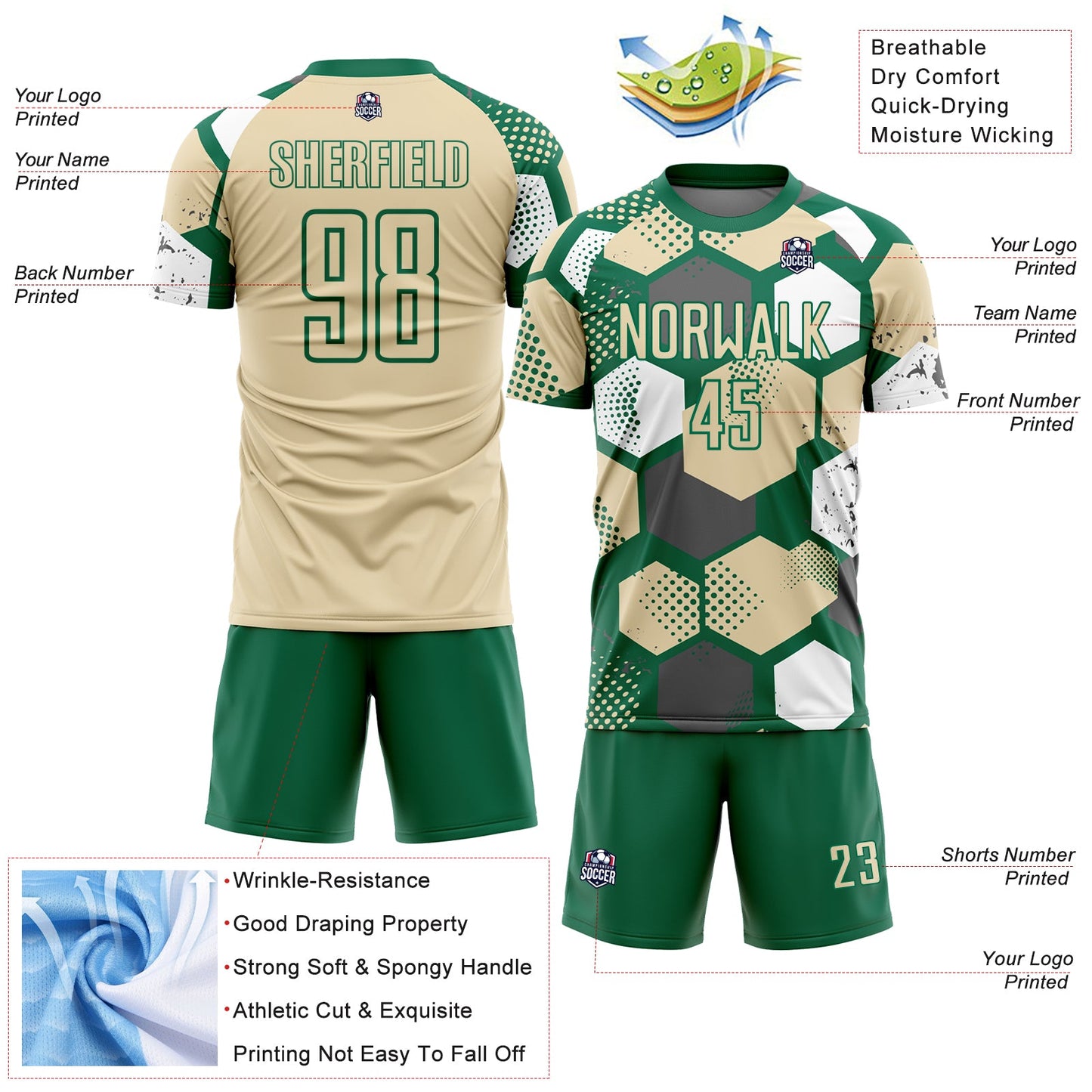 Custom Kelly Green Cream-White Geometric Shape Sublimation Soccer Uniform Jersey view 4