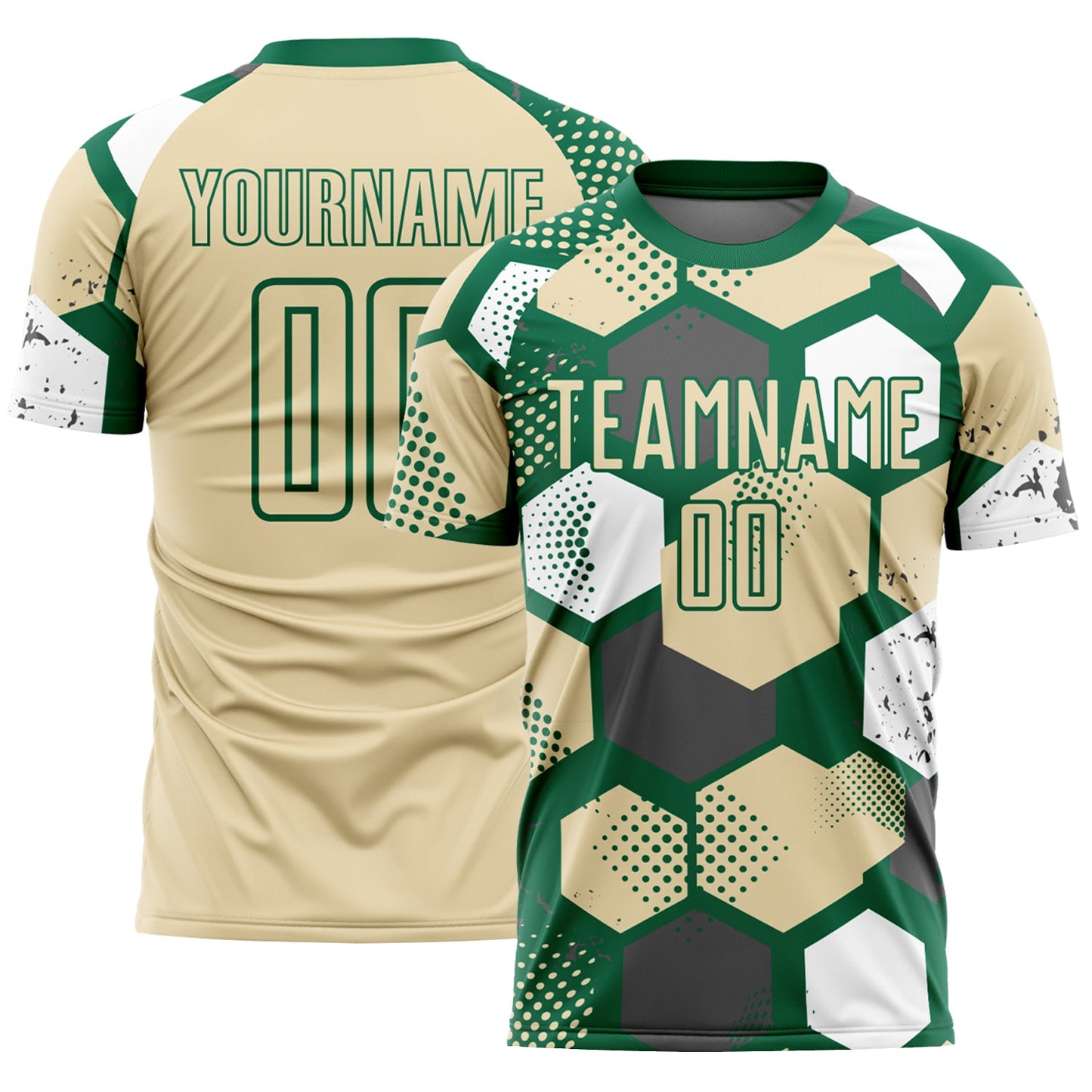Custom Kelly Green Cream-White Geometric Shape Sublimation Soccer Uniform Jersey - Main View