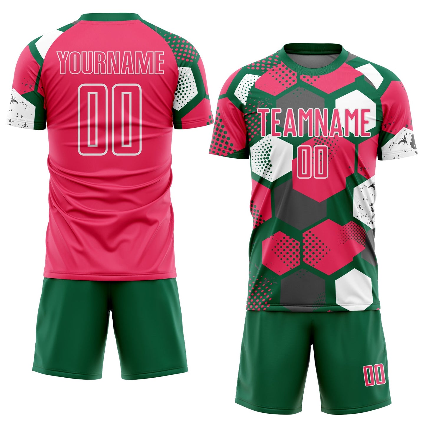 Custom Kelly Green Neon Pink-White Geometric Shape Sublimation Soccer Uniform Jersey view 2