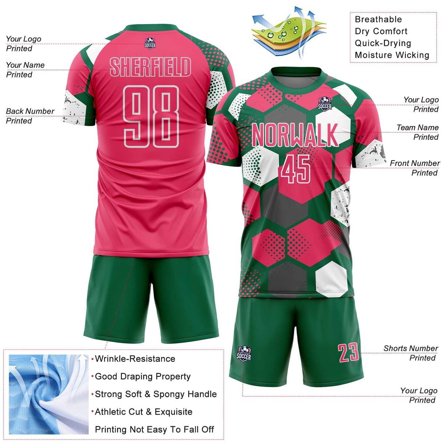 Custom Kelly Green Neon Pink-White Geometric Shape Sublimation Soccer Uniform Jersey view 4