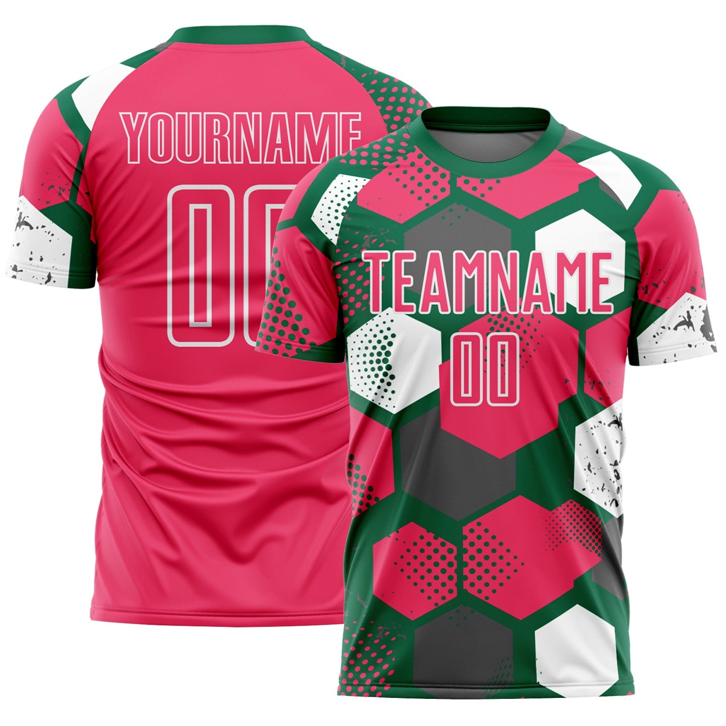 Custom Kelly Green Neon Pink-White Geometric Shape Sublimation Soccer Uniform Jersey - Main View