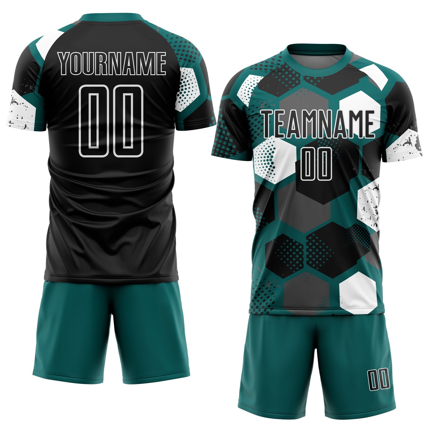 Custom Teal Black-White Geometric Shape Sublimation Soccer Uniform Jersey view 2