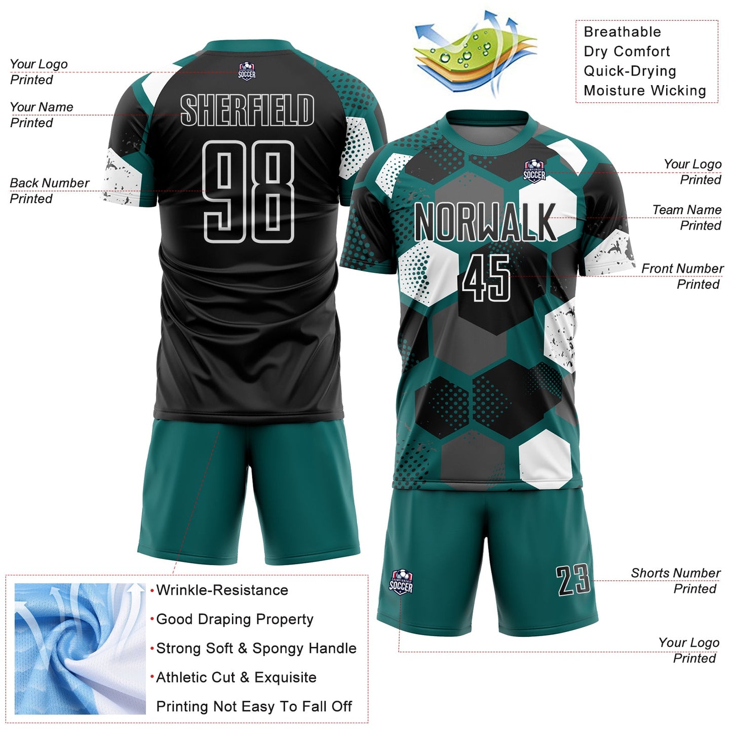 Custom Teal Black-White Geometric Shape Sublimation Soccer Uniform Jersey view 4