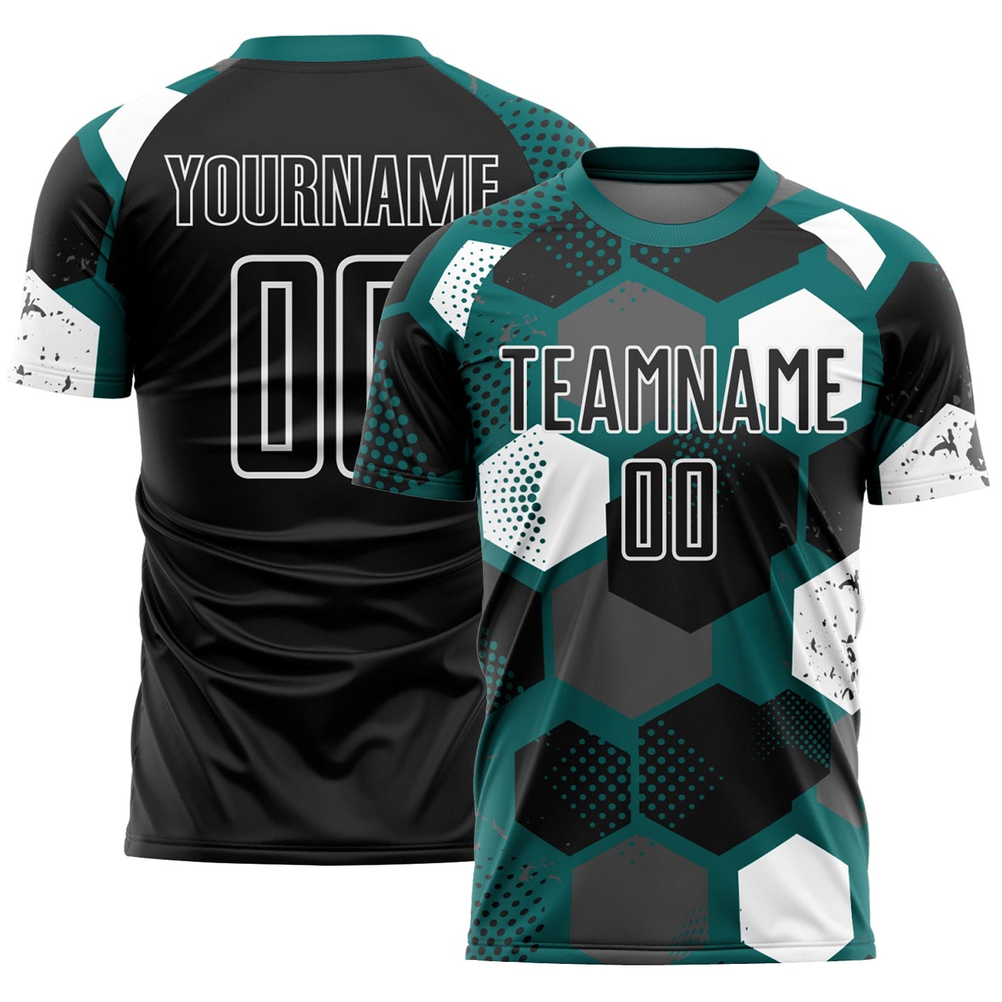 Custom Teal Black-White Geometric Shape Sublimation Soccer Uniform Jersey - Main View