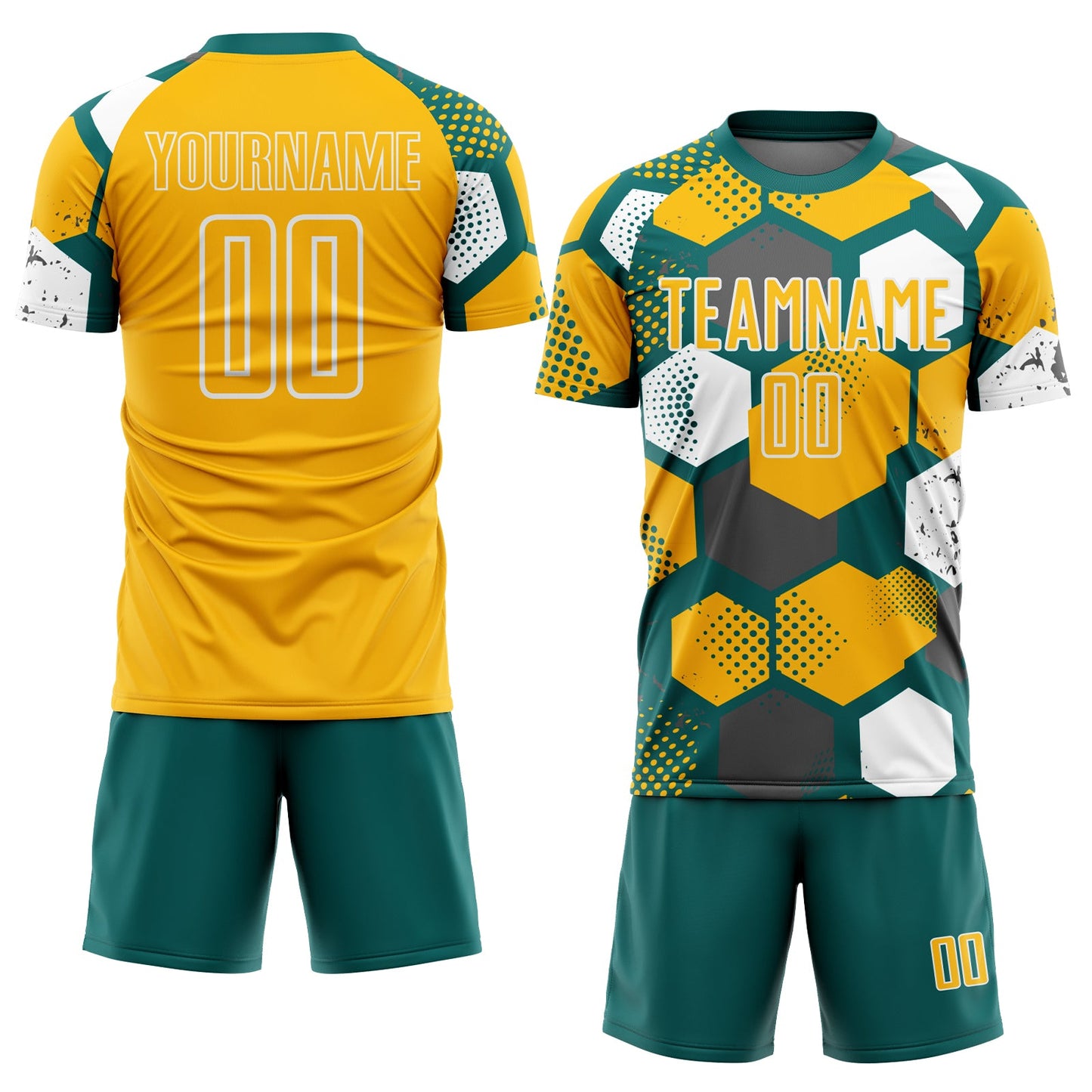 Custom Teal Gold-White Geometric Shape Sublimation Soccer Uniform Jersey view 2
