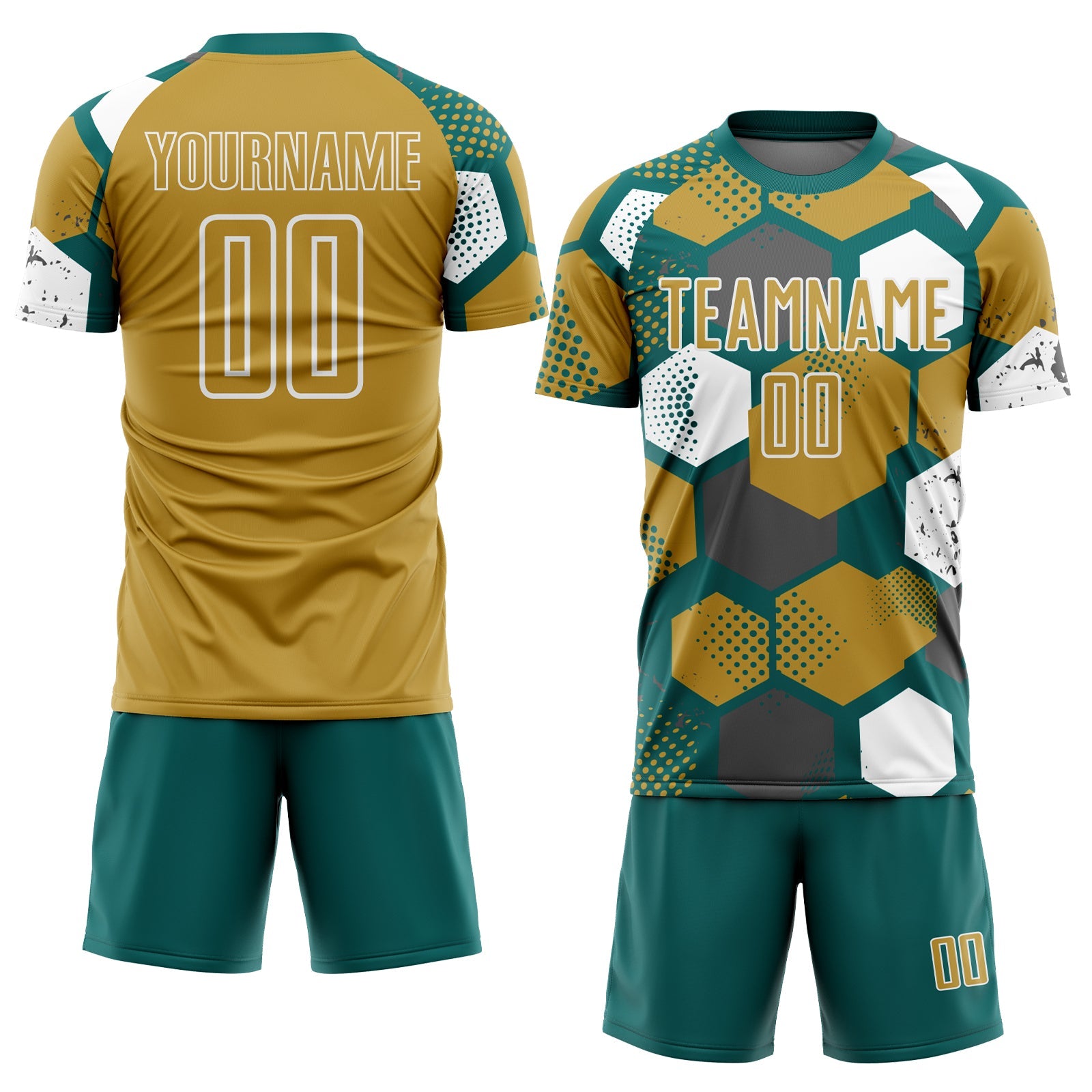 Custom Teal Old Gold-White Geometric Shape Sublimation Soccer Uniform Jersey view 2