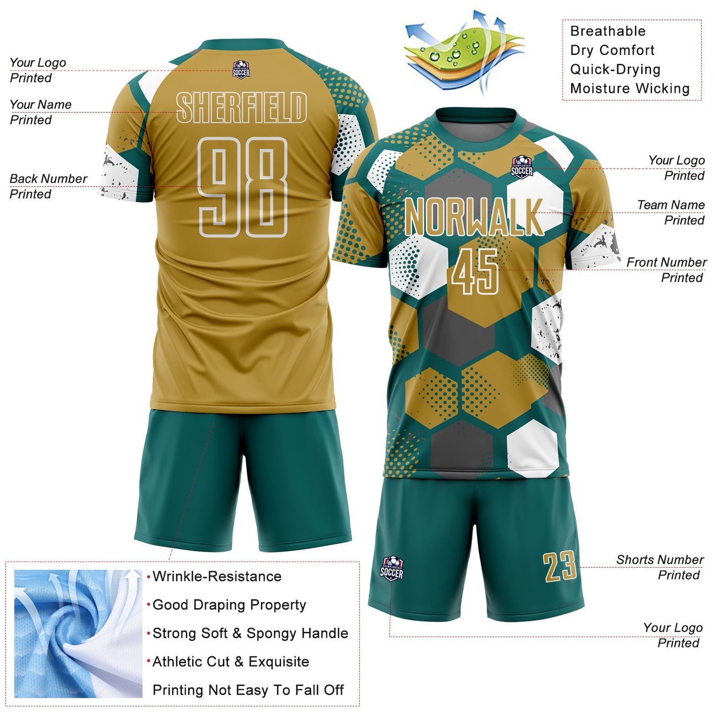 Custom Teal Old Gold-White Geometric Shape Sublimation Soccer Uniform Jersey view 4