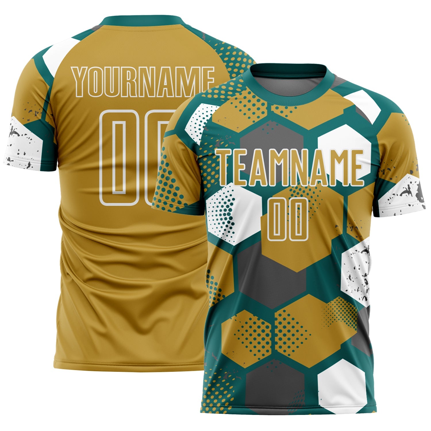 Custom Teal Old Gold-White Geometric Shape Sublimation Soccer Uniform Jersey - Main View