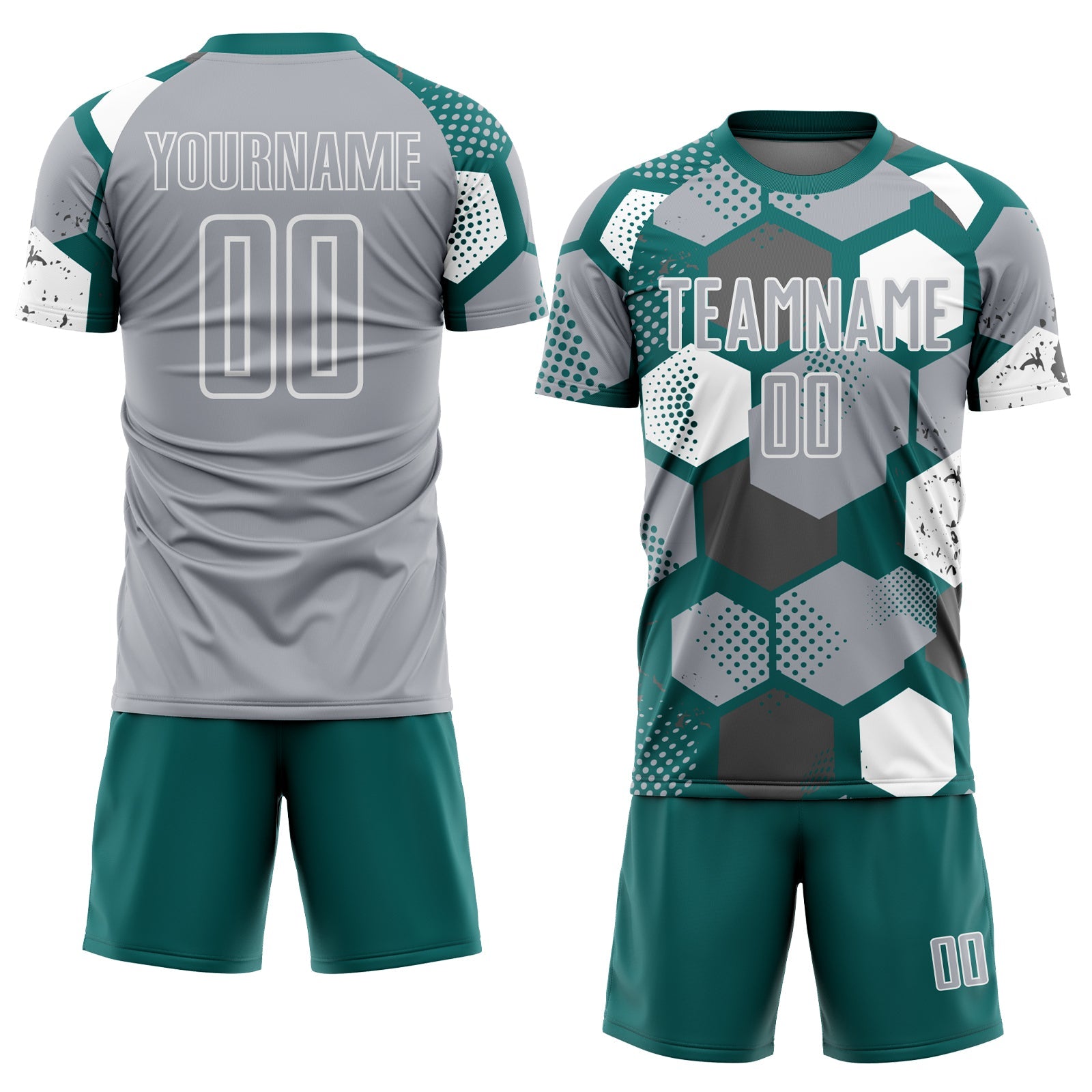 Custom Teal Gray-White Geometric Shape Sublimation Soccer Uniform Jersey view 2