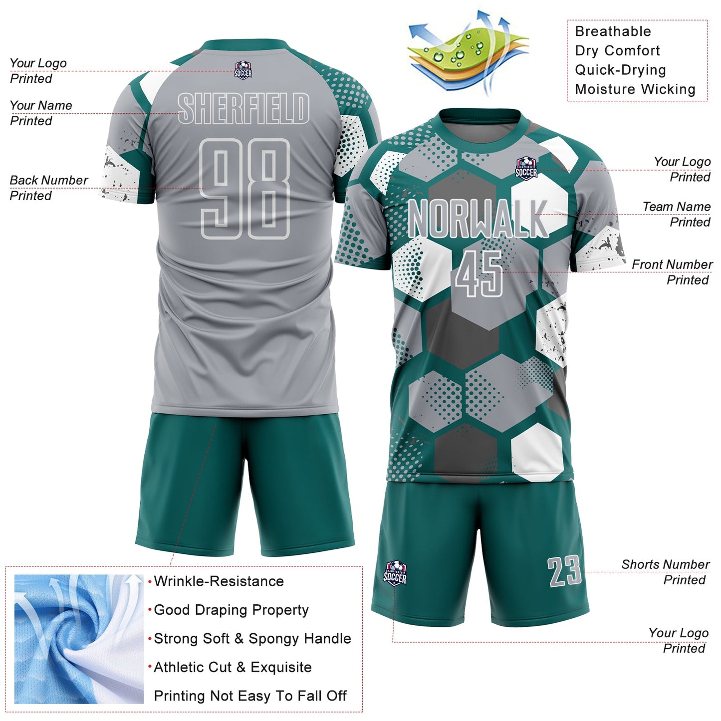 Custom Teal Gray-White Geometric Shape Sublimation Soccer Uniform Jersey view 4