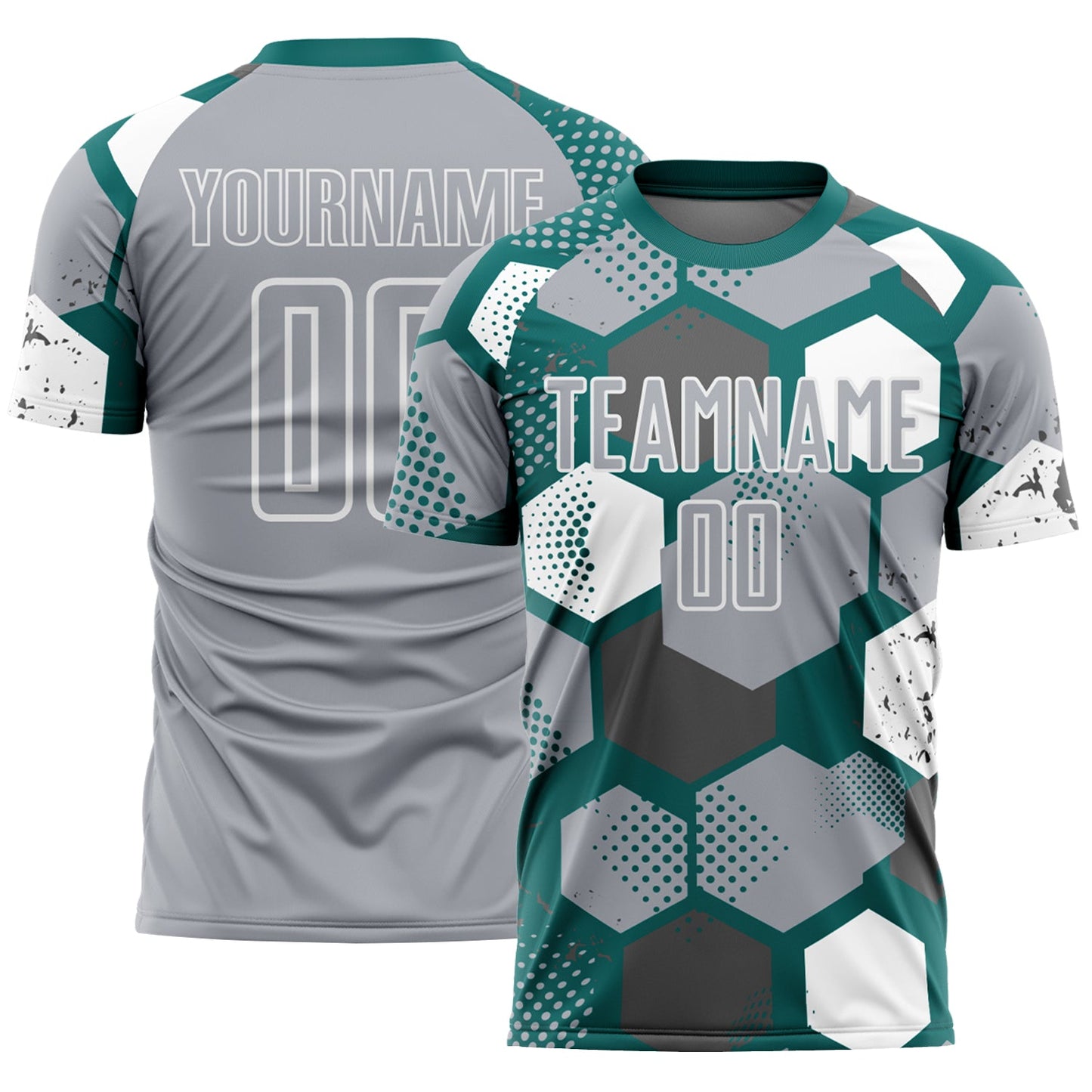 Custom Teal Gray-White Geometric Shape Sublimation Soccer Uniform Jersey - Main View