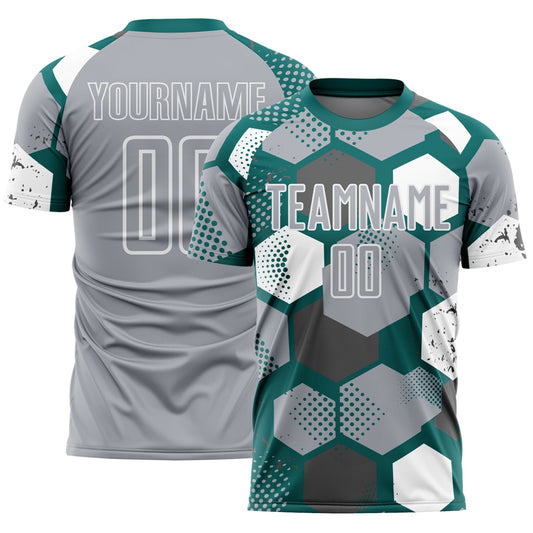 Custom Teal Gray-White Geometric Shape Sublimation Soccer Uniform Jersey - Main View