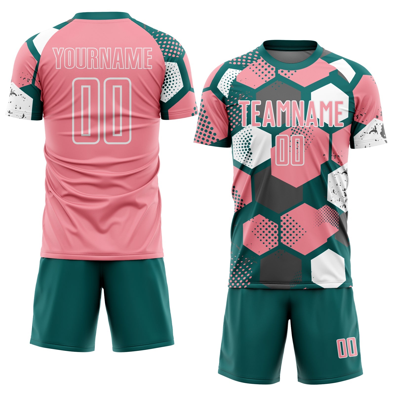 Custom Teal Medium Pink-White Geometric Shape Sublimation Soccer Uniform Jersey view 2
