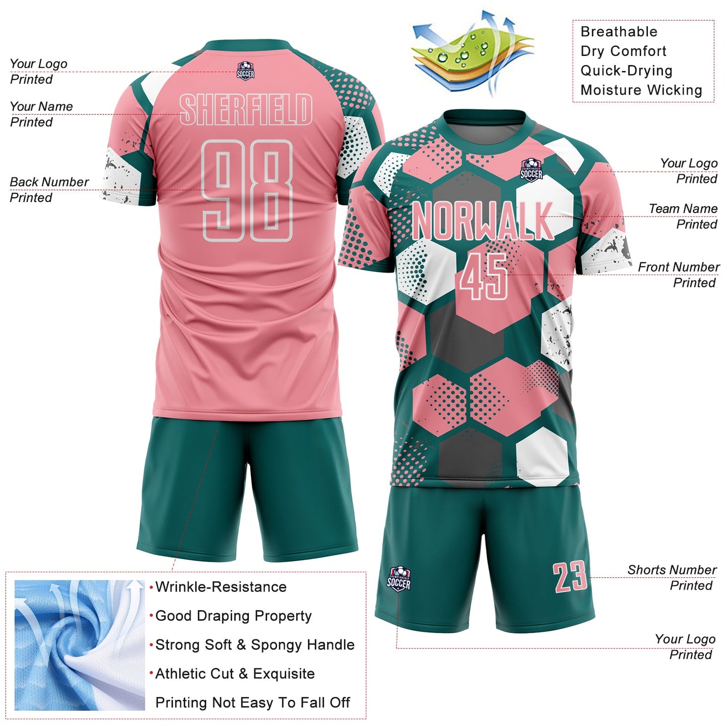 Custom Teal Medium Pink-White Geometric Shape Sublimation Soccer Uniform Jersey view 4