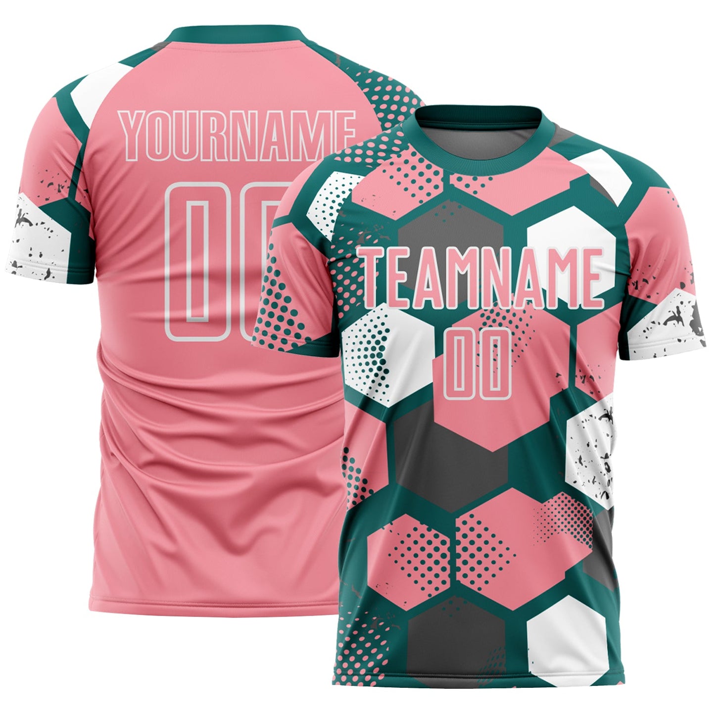 Custom Teal Medium Pink-White Geometric Shape Sublimation Soccer Uniform Jersey - Main View