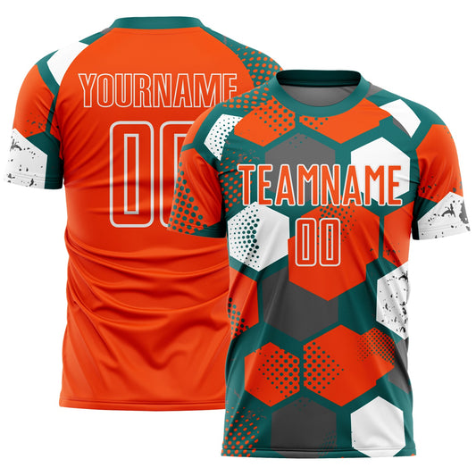 Custom Teal Orange-White Geometric Shape Sublimation Soccer Uniform Jersey - Main View