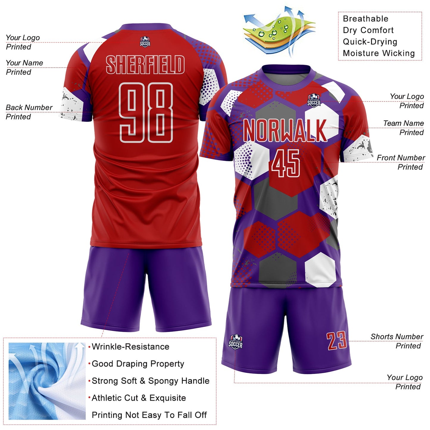 Custom Purple Red-White Geometric Shape Sublimation Soccer Uniform Jersey view 4