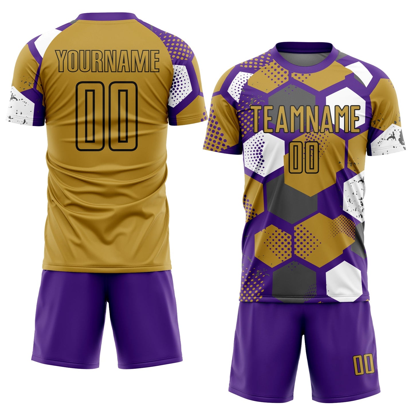 Custom Purple Old Gold White-Black Geometric Shape Sublimation Soccer Uniform Jersey view 2