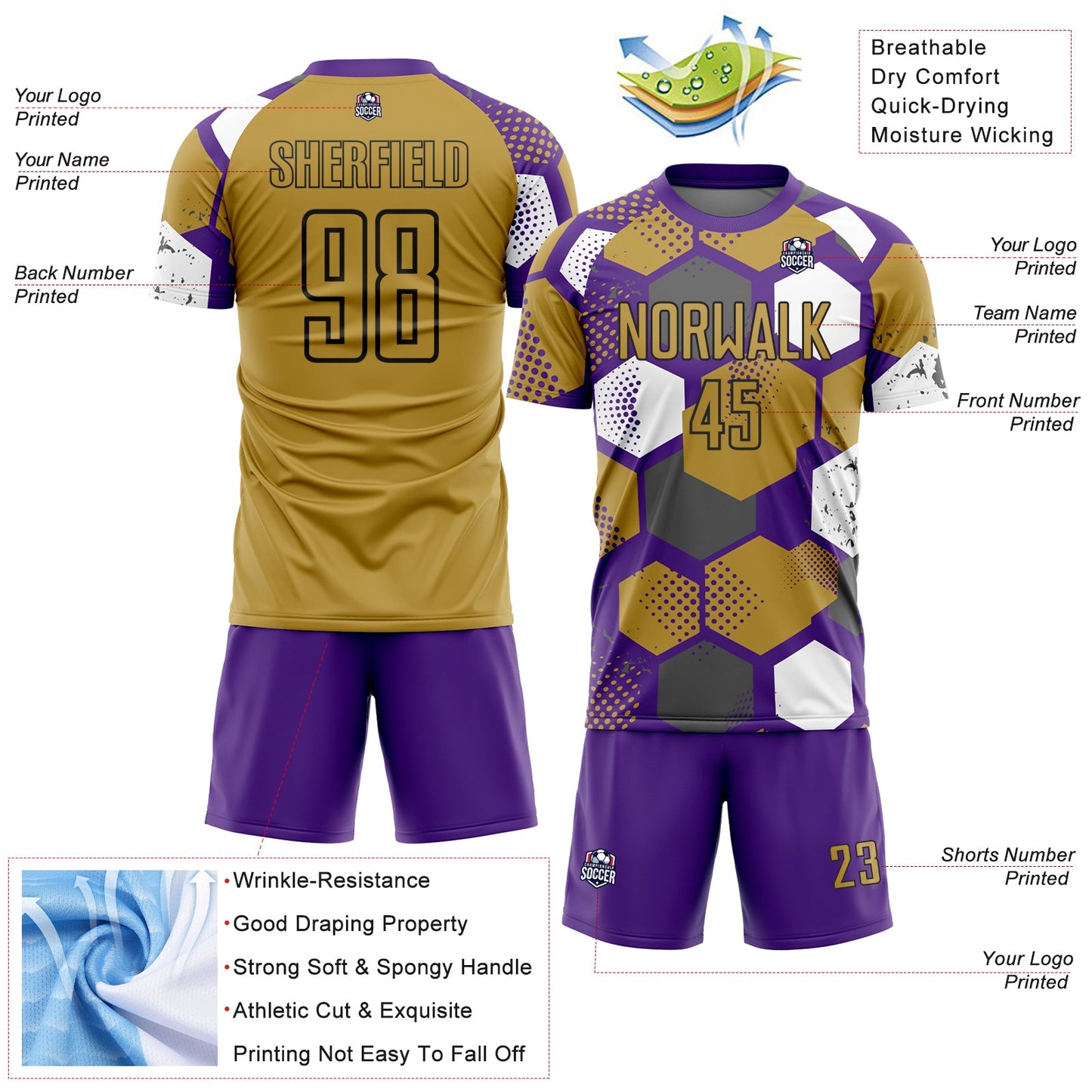Custom Purple Old Gold White-Black Geometric Shape Sublimation Soccer Uniform Jersey view 4
