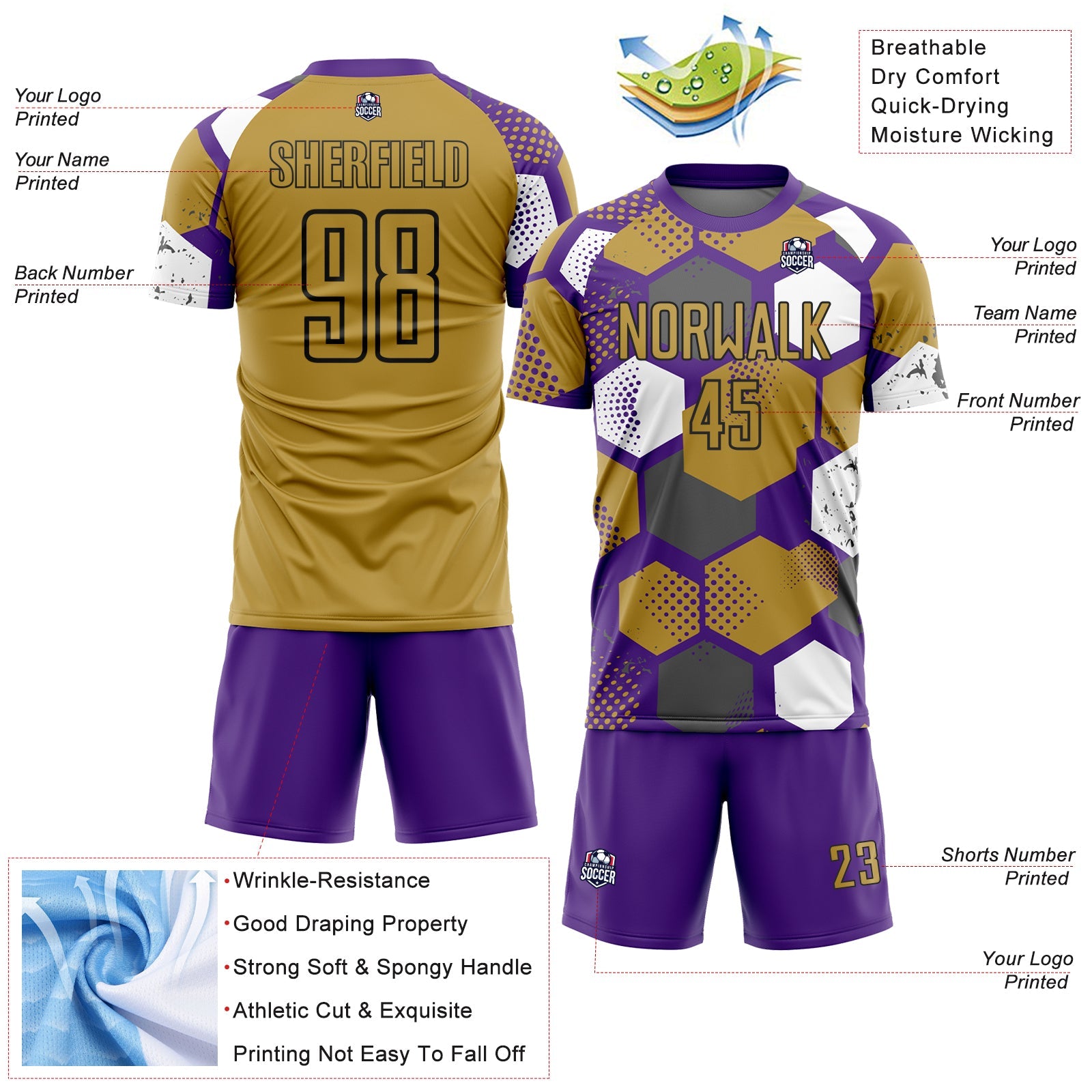 Custom Purple Old Gold White-Black Geometric Shape Sublimation Soccer Uniform Jersey view 4